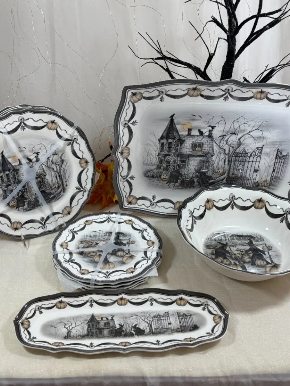 Halloween Melamine Witch Coven Cat Dinner & Salad Plates & 3 Serving 11 PC Set